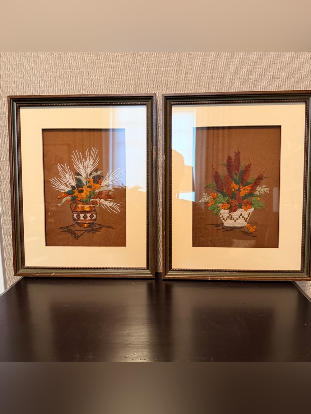 Vintage Framed Floral Embroidery Pair – Mid-Century Fiber Art